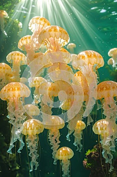 a large number of jellyfish swimming underwater