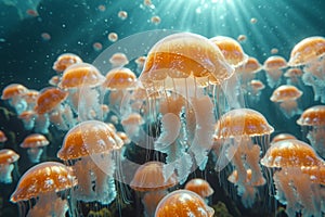 a large number of jellyfish swimming underwater