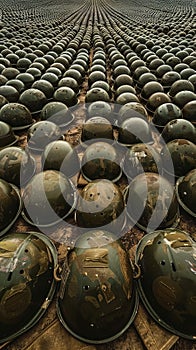 A large number of military helmets are lined up in a field