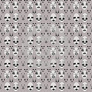a large number of strange hand-drawn heads with different facial expressions and emotions in a row on a beige background. modern
