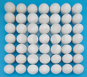 A large number of white eggs on a blue background