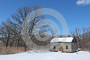 Large Oak Trees, Log Cabin with Two Chimneys with Snow Cover