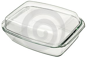 Large Oblong Rectangular Glass Baking Pan With Lid Isolated On White Background