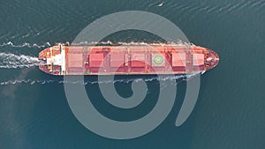 A large ocean-going cargo ship moves out to sea on calm waters. Dry cargo ship aerial view