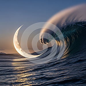 A large ocean wave curls powerfully against the backdrop of a