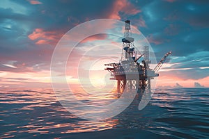 Large off shore oil rig platform in the ocean at sunset 3d render