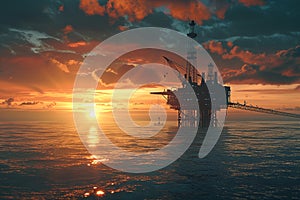 Large off shore oil rig platform in the ocean at sunset 3d render