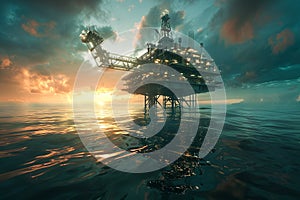 Large off shore oil rig platform in the ocean at sunset 3d render
