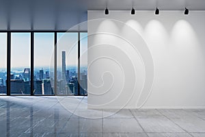 Large office with blank white wall in front of panoramic window skyline view, 3D Illustration