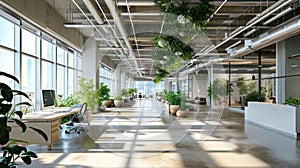 large office interior with plants and open ceiling office. Loft minimalistic office. AI Generative