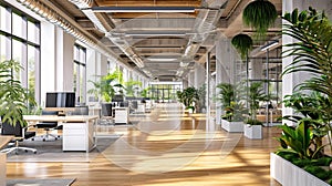 large office interior with plants and open ceiling office. Loft minimalistic office. AI Generative