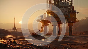 A large oil rig in the desert against the background of sunset. Onshore oil production. Mining is carried out on Mars