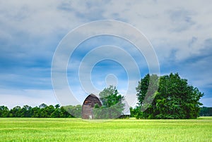 A large old barn in a green field