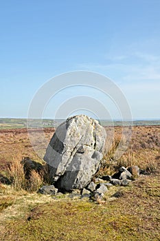 Large old boulder or standing stone on midgley moor in west yorkshire known as robin hoods penny stone