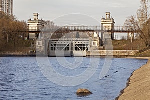 Large old lock of the Moscow Canal with iron gates