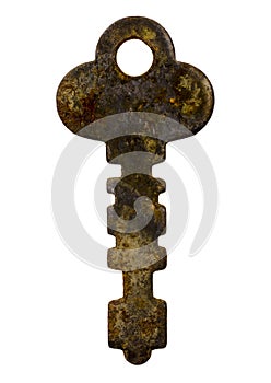 Large Old Rusty Key on White Background