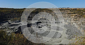 Large open iron ore quarry, panorama of a large stone quarry, equipment in the quarry