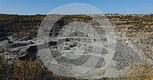Large open iron ore quarry, panorama of a large stone quarry, equipment in the quarry