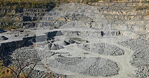 Large open iron ore quarry, panorama of a large stone quarry, equipment in the quarry, Open pit working process, quarry