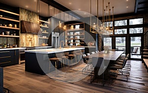 A Large Open Kitchen With Wood Dlooring Granite Counter Tops And Open Shelving Background