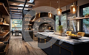 A Large Open Kitchen With Wood Dlooring Granite Counter Tops And Open Shelving Background