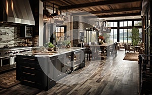 A Large Open Kitchen With Wood Dlooring Granite Counter Tops And Open Shelving Background