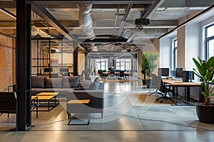 A large open office space filled with comfortable couches and tables for collaboration and productivity, Tech company office with