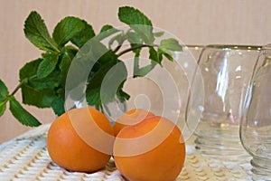 Large orange apricots, mint and sterilized jars for home canning. We make apricot jam at home. Canning. Harvesting confiture