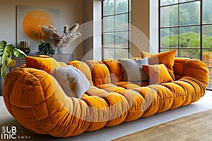 A large orange couch with pillows in a living room