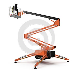 Large orange extended scissor lift platform on white. 3D illustration