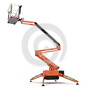 Large orange extended scissor lift platform on white. 3D illustration
