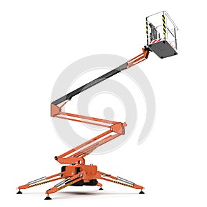 Large orange extended scissor lift platform on white. 3D illustration