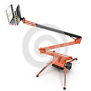 Large orange extended scissor lift platform on white. 3D illustration