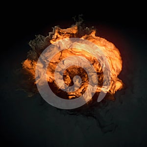 Large orange fireball with swirls of smoke and flames around it. 3d rendering abstract background