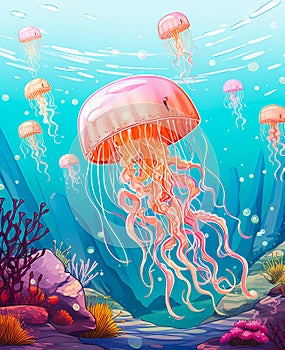 A large orange jellyfish swimming in sea, surrounded by small ones. The ocean floor with colorful algae. Liquid Motion.