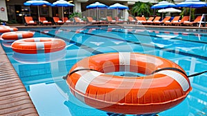 Large orange lifebuoys rest in the wild in the pool