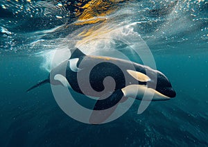 Large orca killer whale predator swimming in ocean.Macro.AI Generative