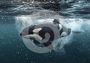 Large orca killer whale predator swimming in ocean.Macro.AI Generative