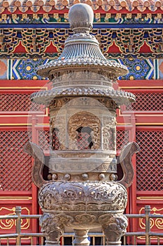 Large ornamented iron altar at Buddhist temple, Beijing, China