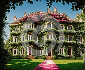 A large, ornate mansion with lush greenery and pink flowers on the front lawn.