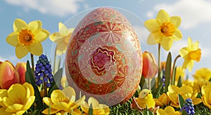 A large, ornately decorated Easter egg sits amidst a vibrant spring garden. The egg photo