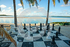 Large outdoor chess mat and pieces set up under shade of palm trees