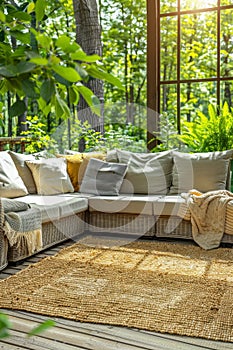 A large outdoor couch with a blanket on it in the sun, AI
