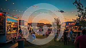 A large outdoor festival with food trucks, live music, and string photo