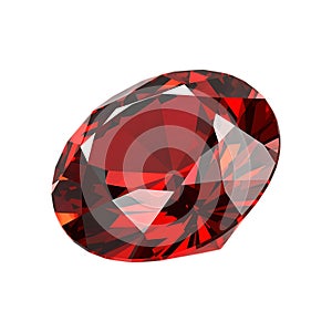 A large oval cut ruby gemstone on a white background