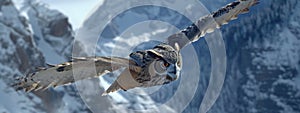 Large owl in flight over the mountains