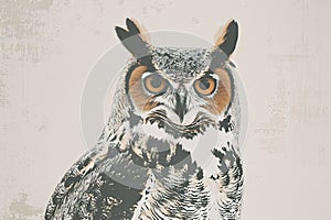 Large owl with vibrant orange eyes perched on branch, AI-generated.