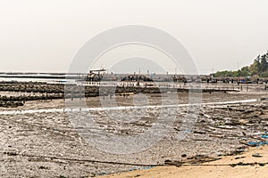 Large oyster beds at low tide with pier in back in Ban Bai Bua, Thailand