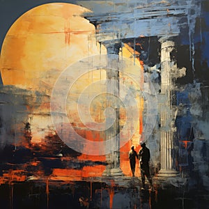 Moonlit Urban Romance: Ethereal Neoclassical Oil Painting photo