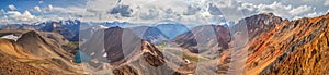 Large panorama, mountain landscape. Colored rocks, lake in the gorge.